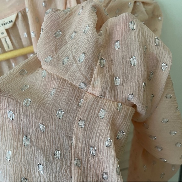 Rebecca Taylor x Revolve Metallic Dot Ruffle Blouse Long Sleeve | Pink | Size 10 - Picture 9 of 16
